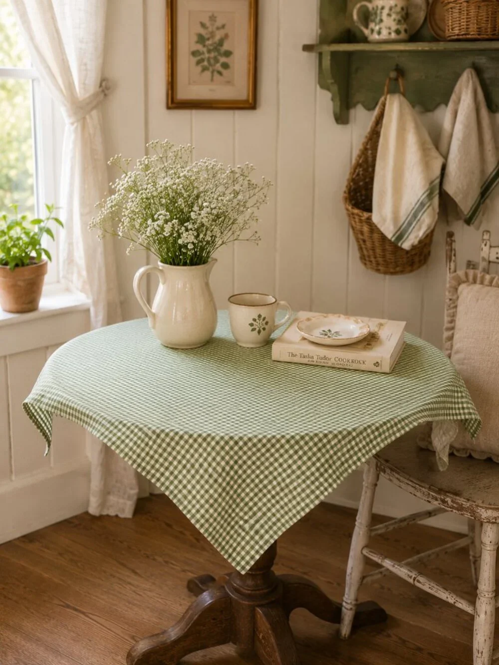 Pottery Barn Green Gingham Cotton Tablecloth 50x50 Farmhouse Cottagecore Picnic